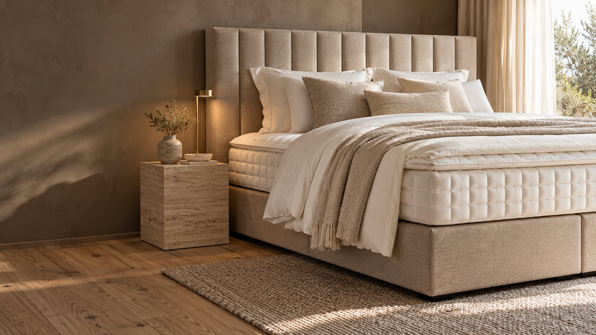 Beige boxspring met hoog gestoffeerd hoofdbord in een lichte slaapkamer