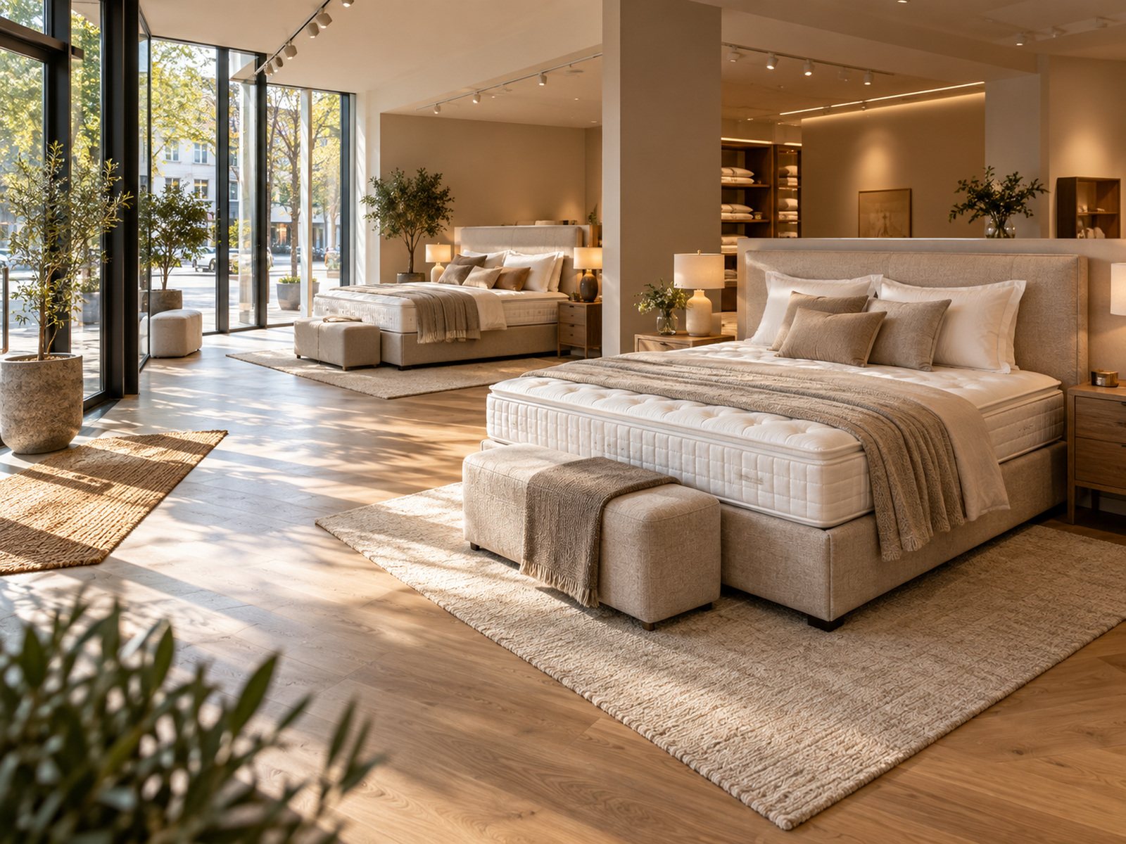 Showroom met opgemaakte boxsprings